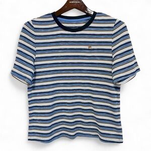 KUOSE striped Tshirt, stretchy knit, blue and white, size S